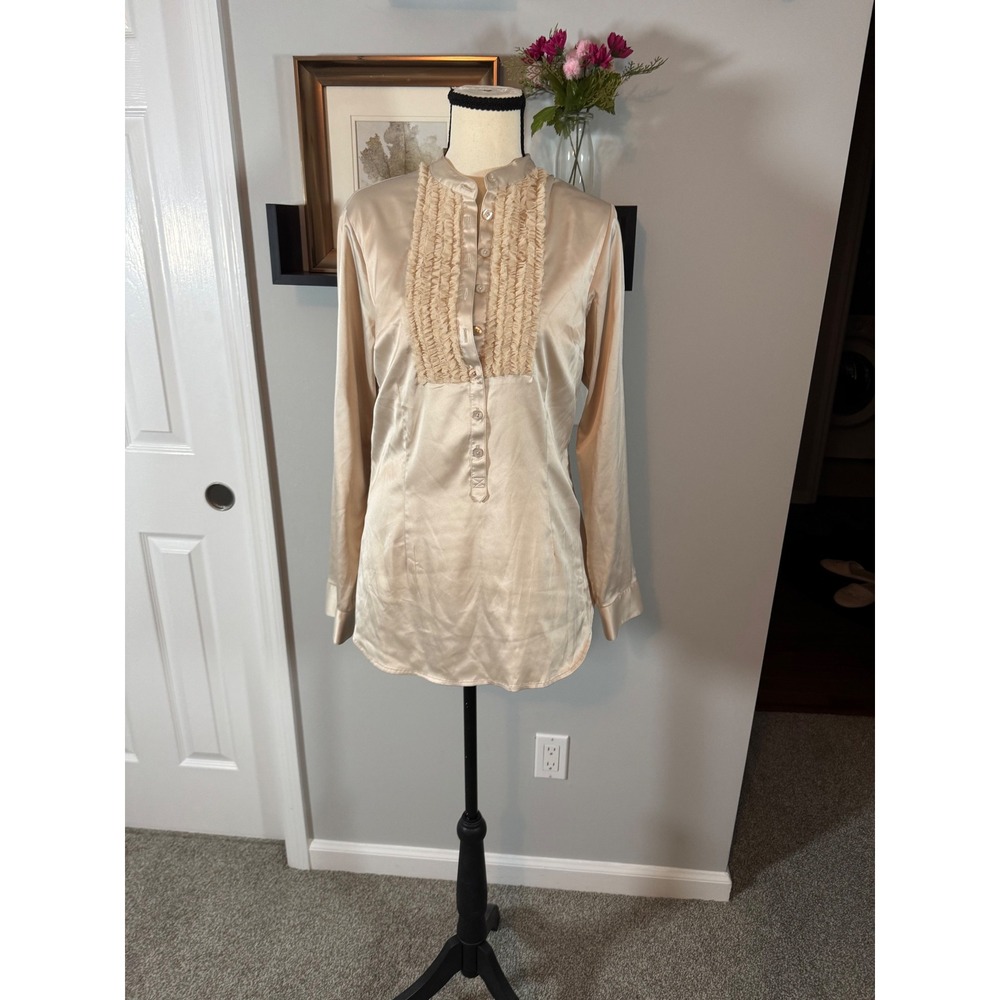 Cabi Champagne Satin Feel Ruffle Bib Blouse Minimalist Beige Top Women's Medium